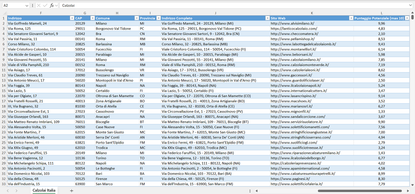 Database Indirizzi Email Calzolai Italia